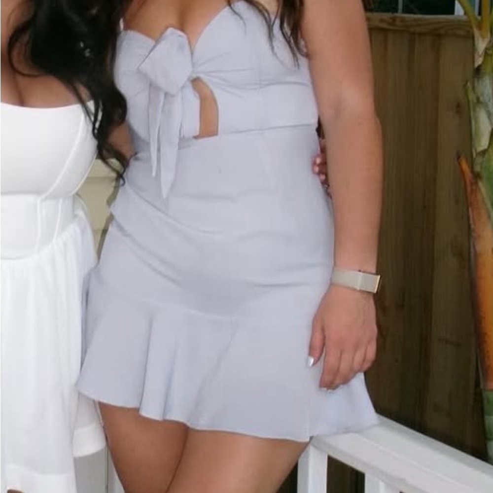 White Fox Boutique Light Blue Tie Front Mini Dress